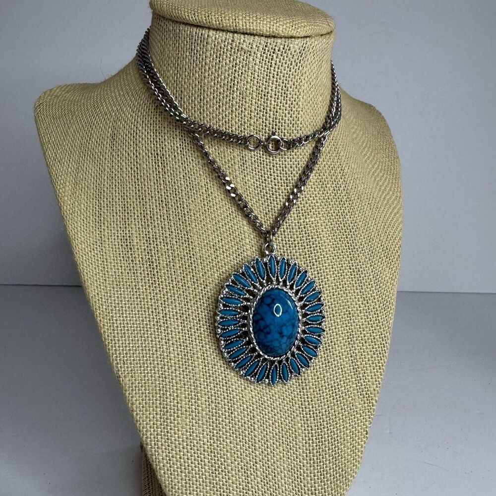 Vintage Jewelry Turquoise Sunburst Statement Necklace Silver Tone 24" 70s